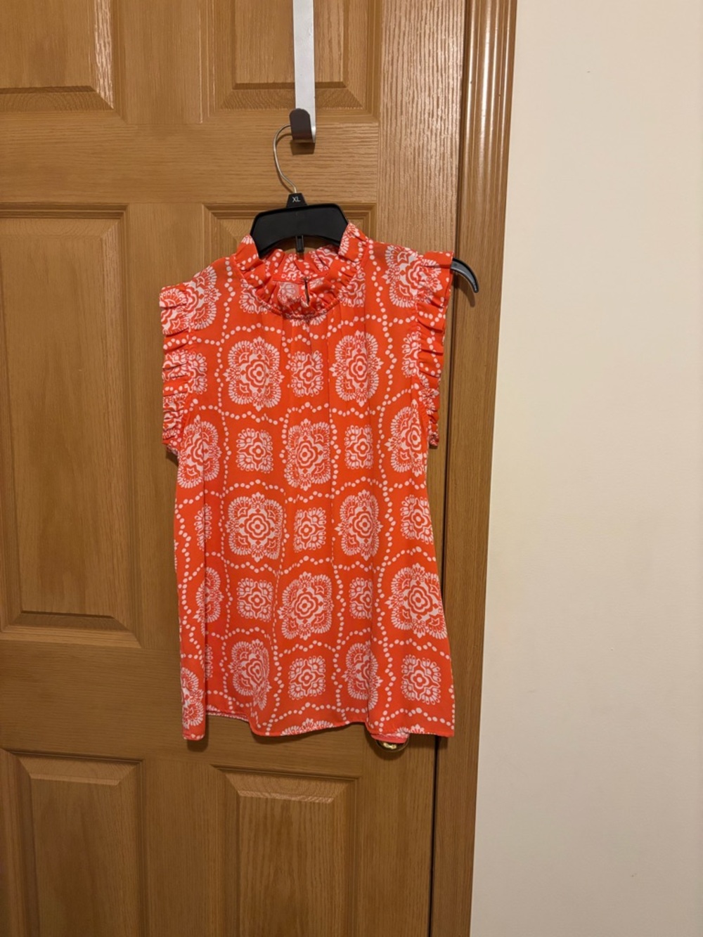 Ann Taylor Factory Orange Printed Ruffle-Neck Sleeveless Top